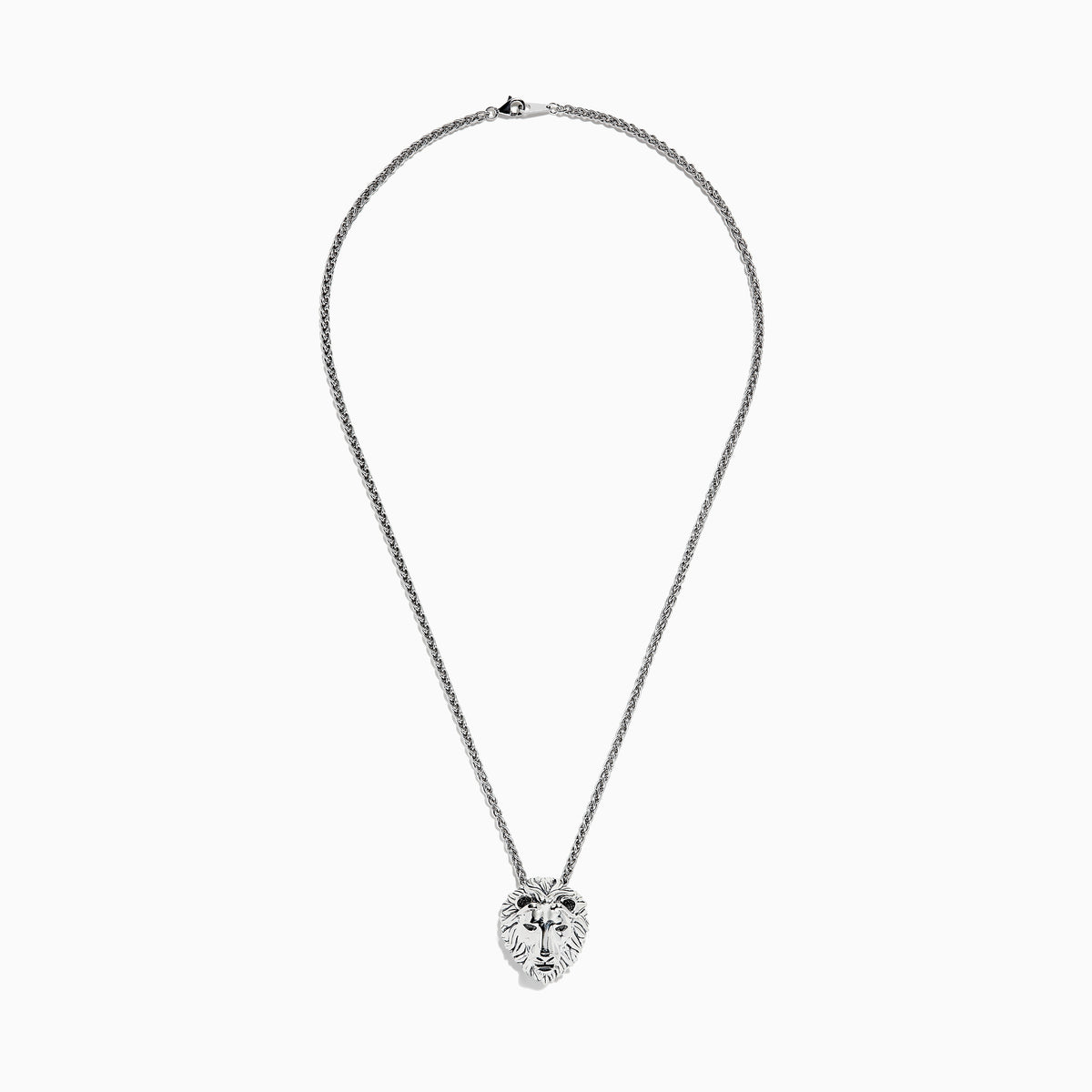The 925 Sterling Silver Black Diamond Lion Pendant (0.07 TCW) showcases a lions head with detailed features and black diamond eyes, suspended from a twisted chain.