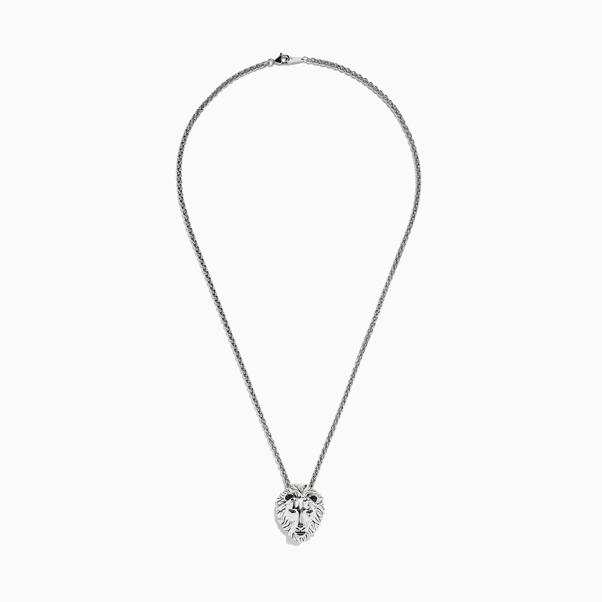 The 925 Sterling Silver Black Diamond Lion Pendant (0.07 TCW) showcases a lions head with detailed features and black diamond eyes, suspended from a twisted chain.