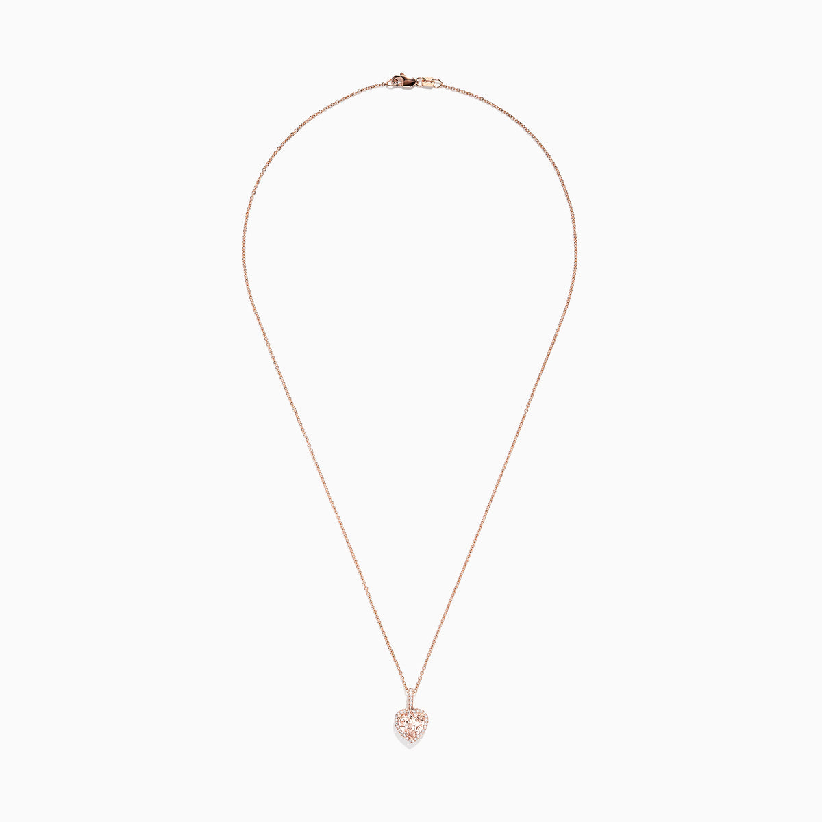 The Blush 14K Rose Gold Morganite and Diamond Heart Pendant (1.88 TCW) features a heart-shaped morganite surrounded by diamonds, shown on a simple white background.