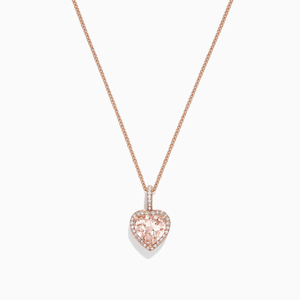 The Blush 14K Rose Gold Morganite and Diamond Heart Pendant (1.88 TCW) features a heart-shaped morganite surrounded by diamonds, shown on a simple white background.