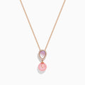 The Pearl 14K Rose Gold Diamond, Pearl and Mother of Pearl Pendant is a rose gold chain necklace featuring a teardrop pendant with pink and white accents, crystal borders, and a dangling pink pearl.