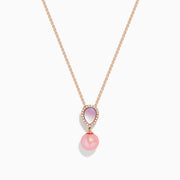 The Pearl 14K Rose Gold Diamond, Pearl and Mother of Pearl Pendant is a rose gold chain necklace featuring a teardrop pendant with pink and white accents, crystal borders, and a dangling pink pearl.