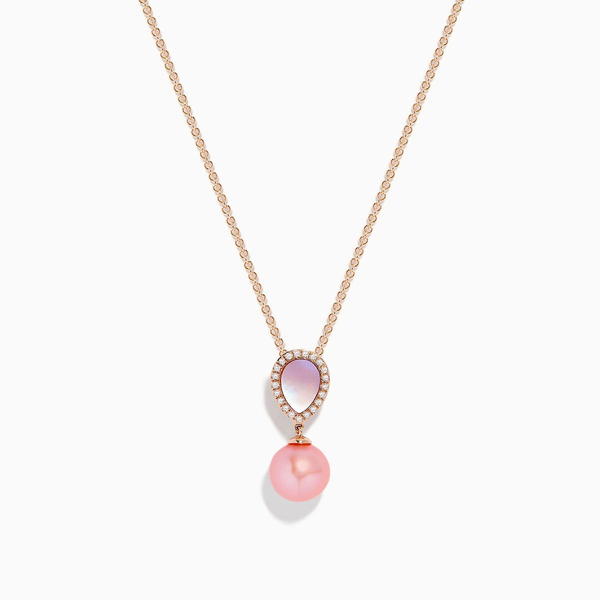 The Pearl 14K Rose Gold Diamond, Pearl and Mother of Pearl Pendant is a rose gold chain necklace featuring a teardrop pendant with pink and white accents, crystal borders, and a dangling pink pearl.