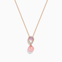 The Pearl 14K Rose Gold Diamond, Pearl and Mother of Pearl Pendant is a rose gold chain necklace featuring a teardrop pendant with pink and white accents, crystal borders, and a dangling pink pearl.