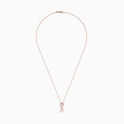 The Pearl 14K Rose Gold Diamond, Pearl and Mother of Pearl Pendant is a rose gold chain necklace featuring a teardrop pendant with pink and white accents, crystal borders, and a dangling pink pearl.