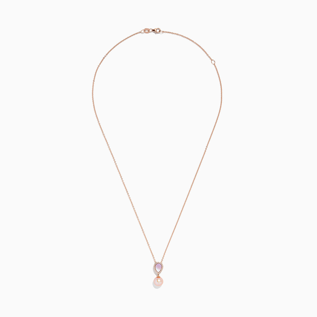The Pearl 14K Rose Gold Diamond, Pearl and Mother of Pearl Pendant is a rose gold chain necklace featuring a teardrop pendant with pink and white accents, crystal borders, and a dangling pink pearl.