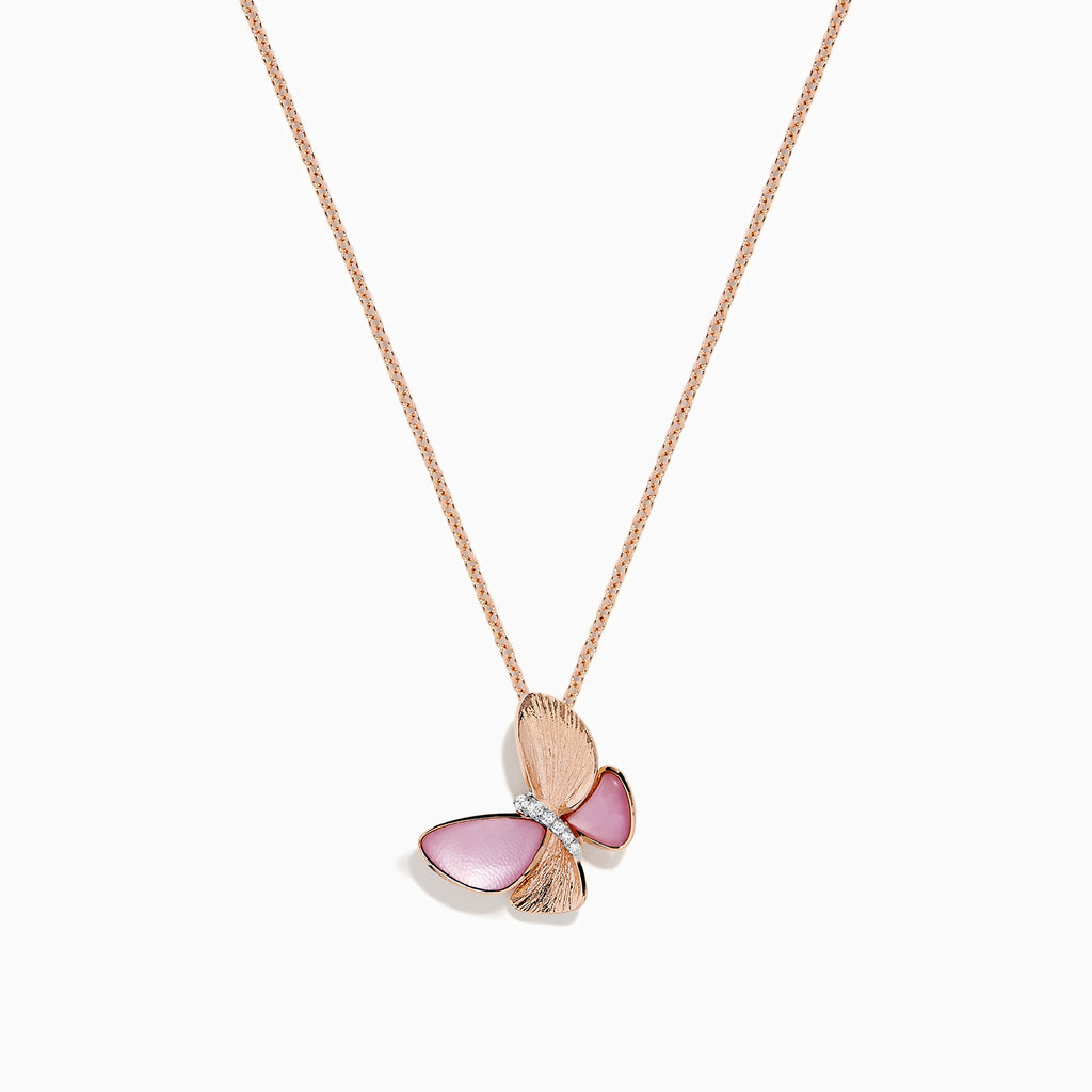 A delicate necklace featuring the Nature 14K Gold Mother of Pearl & Diamond Butterfly Pendant, 0.02 TCW, on a rose gold chain with shimmering diamonds and detailed butterfly wings.