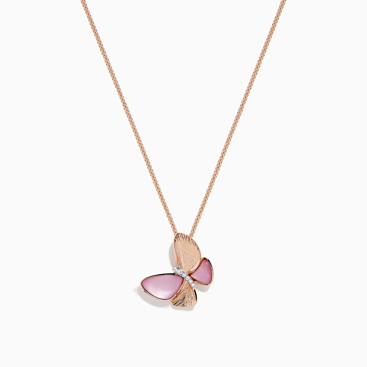 A delicate necklace featuring the Nature 14K Gold Mother of Pearl & Diamond Butterfly Pendant, 0.02 TCW, on a rose gold chain with shimmering diamonds and detailed butterfly wings.