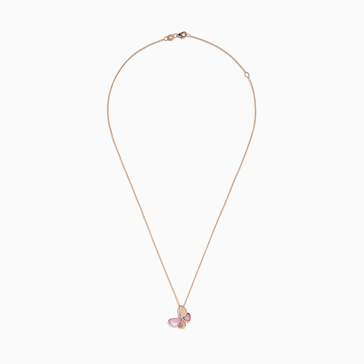 A delicate necklace featuring the Nature 14K Gold Mother of Pearl & Diamond Butterfly Pendant, 0.02 TCW, on a rose gold chain with shimmering diamonds and detailed butterfly wings.