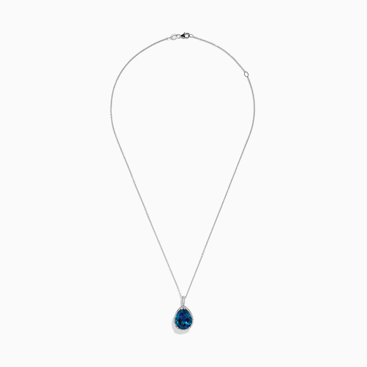 The Ocean Bleu 14K Gold London Blue Topaz and Diamond Pendant, 9.45 TCW, features a teardrop-shaped blue topaz surrounded by sparkling diamonds, shown on a plain white background.