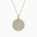 The Aurora 14K Yellow Gold Opal and Diamond Filagree Pendant (3.76 TCW) features a round pendant with a leaf pattern of light blue gemstones, opal accents, and small clear crystals on a textured gold background.