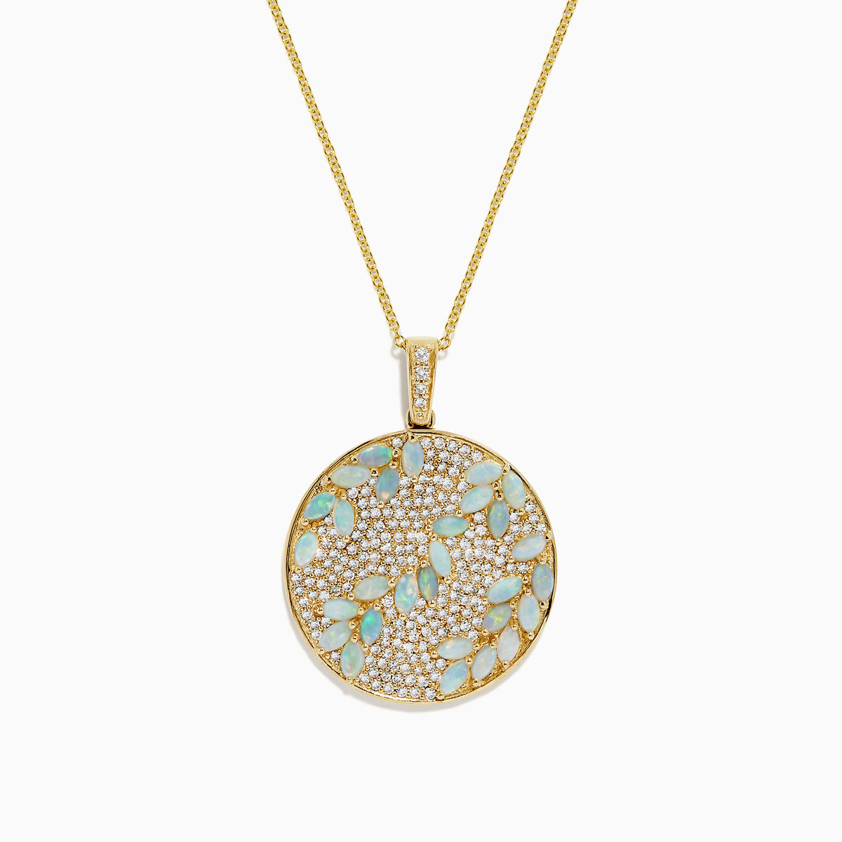 The Aurora 14K Yellow Gold Opal and Diamond Filagree Pendant (3.76 TCW) features a round pendant with a leaf pattern of light blue gemstones, opal accents, and small clear crystals on a textured gold background.