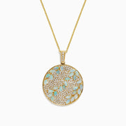 The Aurora 14K Yellow Gold Opal and Diamond Filagree Pendant (3.76 TCW) features a round pendant with a leaf pattern of light blue gemstones, opal accents, and small clear crystals on a textured gold background.