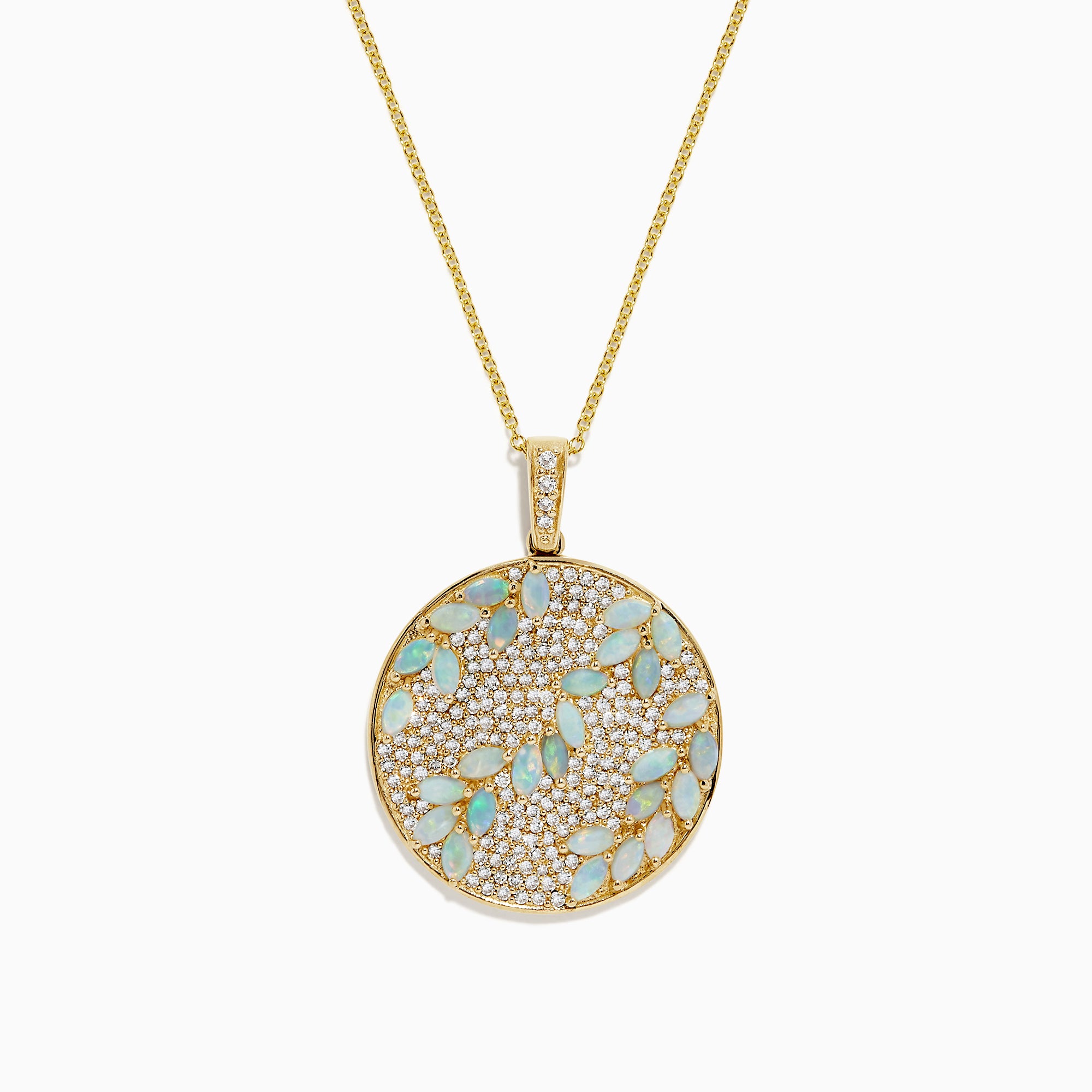 The Aurora 14K Yellow Gold Opal and Diamond Filagree Pendant (3.76 TCW) features a round pendant with a leaf pattern of light blue gemstones, opal accents, and small clear crystals on a textured gold background.