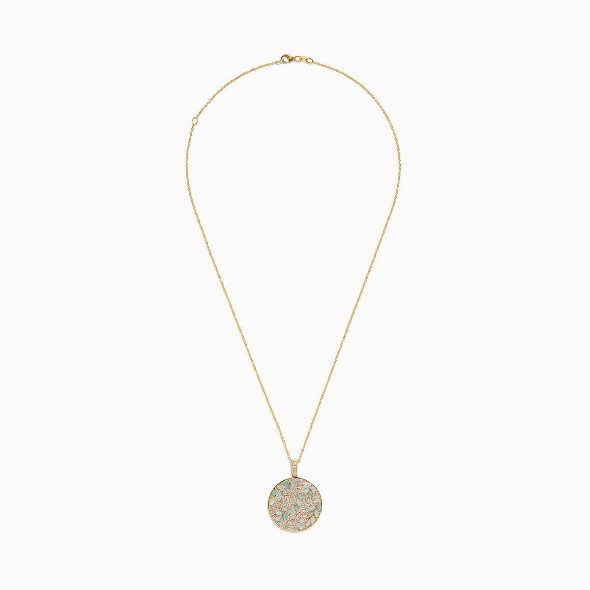 The Aurora 14K Yellow Gold Opal and Diamond Filagree Pendant (3.76 TCW) features a round pendant with a leaf pattern of light blue gemstones, opal accents, and small clear crystals on a textured gold background.