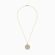 The Aurora 14K Yellow Gold Opal and Diamond Filagree Pendant (3.76 TCW) features a round pendant with a leaf pattern of light blue gemstones, opal accents, and small clear crystals on a textured gold background.