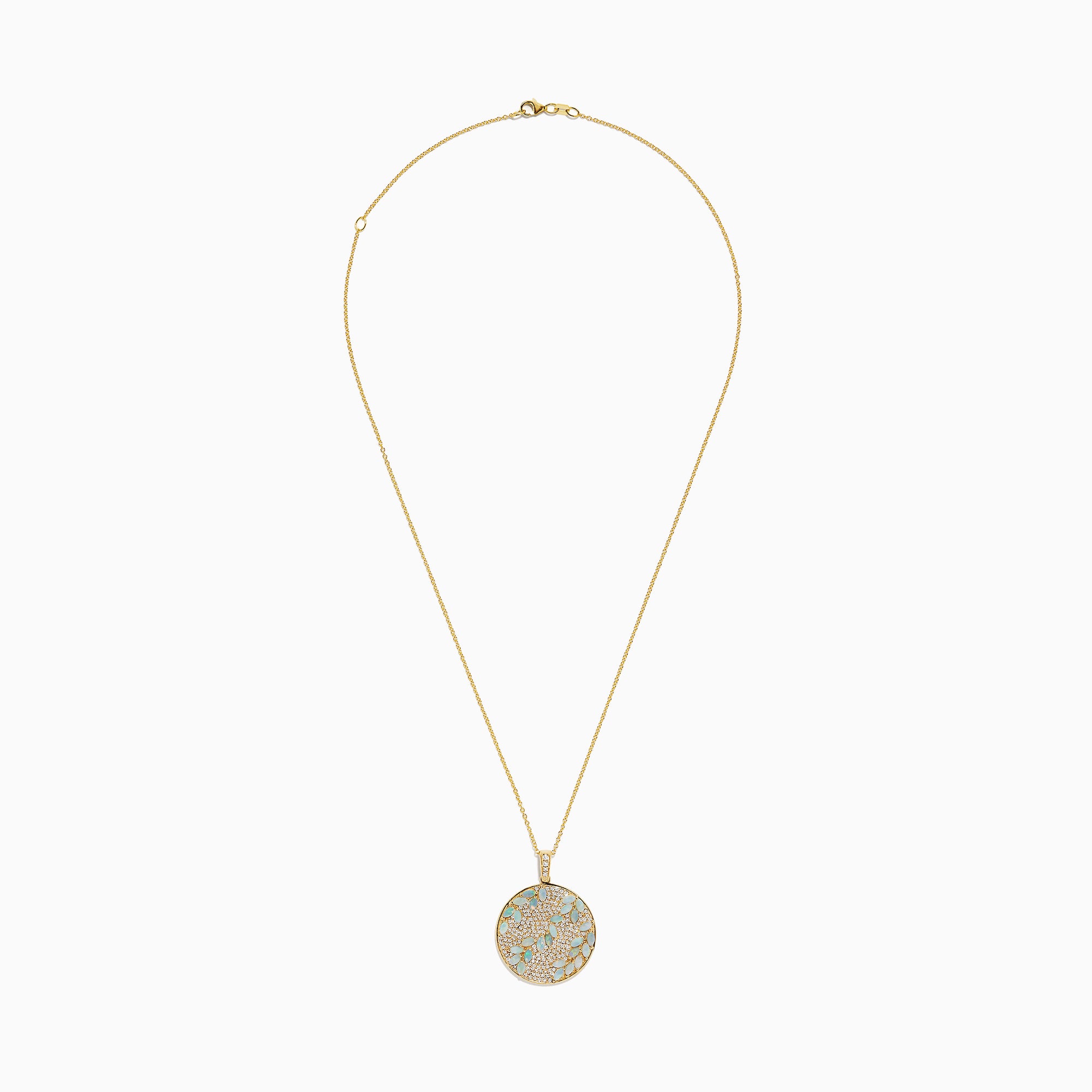 The Aurora 14K Yellow Gold Opal and Diamond Filagree Pendant (3.76 TCW) features a round pendant with a leaf pattern of light blue gemstones, opal accents, and small clear crystals on a textured gold background.