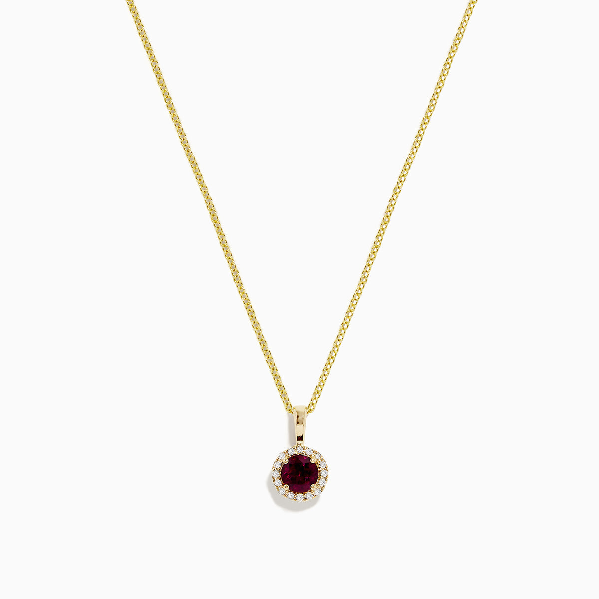 The Bordeaux 14K Yellow Gold Garnet and Diamond Pendant (0.61 TCW) showcases a round garnet center with a diamond halo, elegantly displayed on a plain white background.