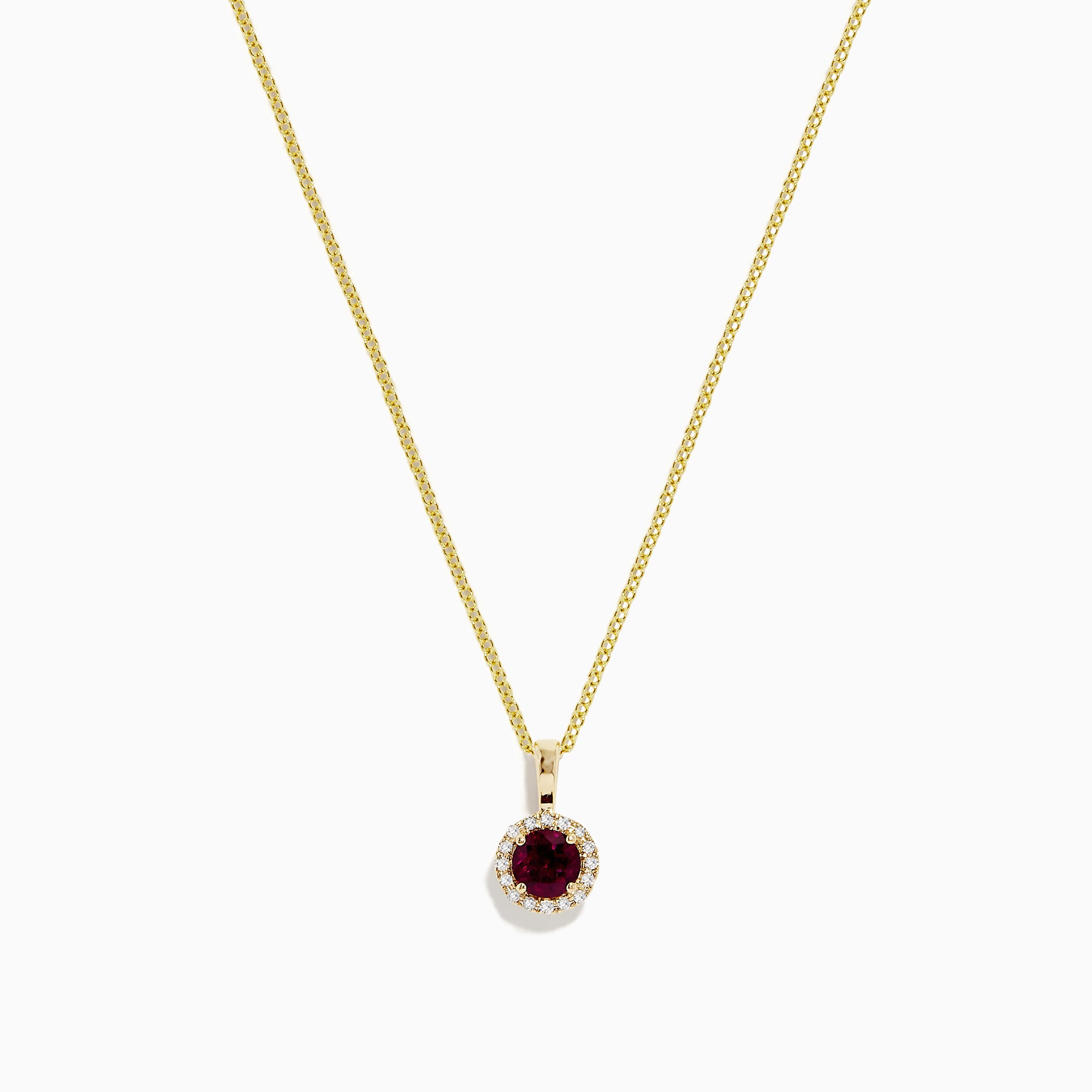 The Bordeaux 14K Yellow Gold Garnet and Diamond Pendant (0.61 TCW) showcases a round garnet center with a diamond halo, elegantly displayed on a plain white background.
