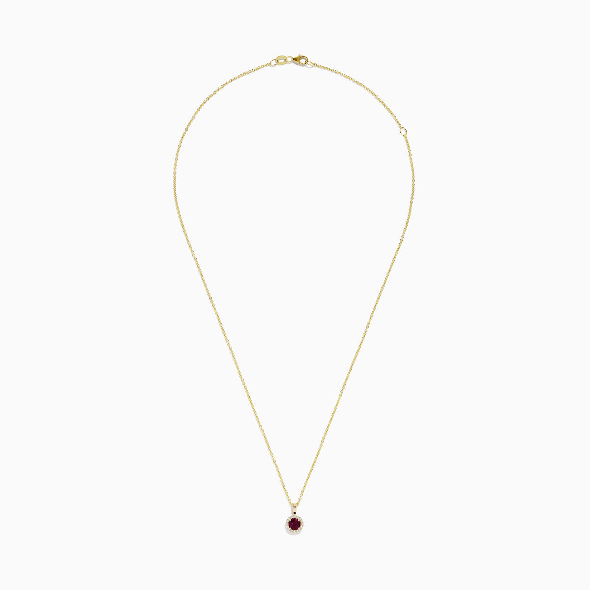 The Bordeaux 14K Yellow Gold Garnet and Diamond Pendant (0.61 TCW) showcases a round garnet center with a diamond halo, elegantly displayed on a plain white background.