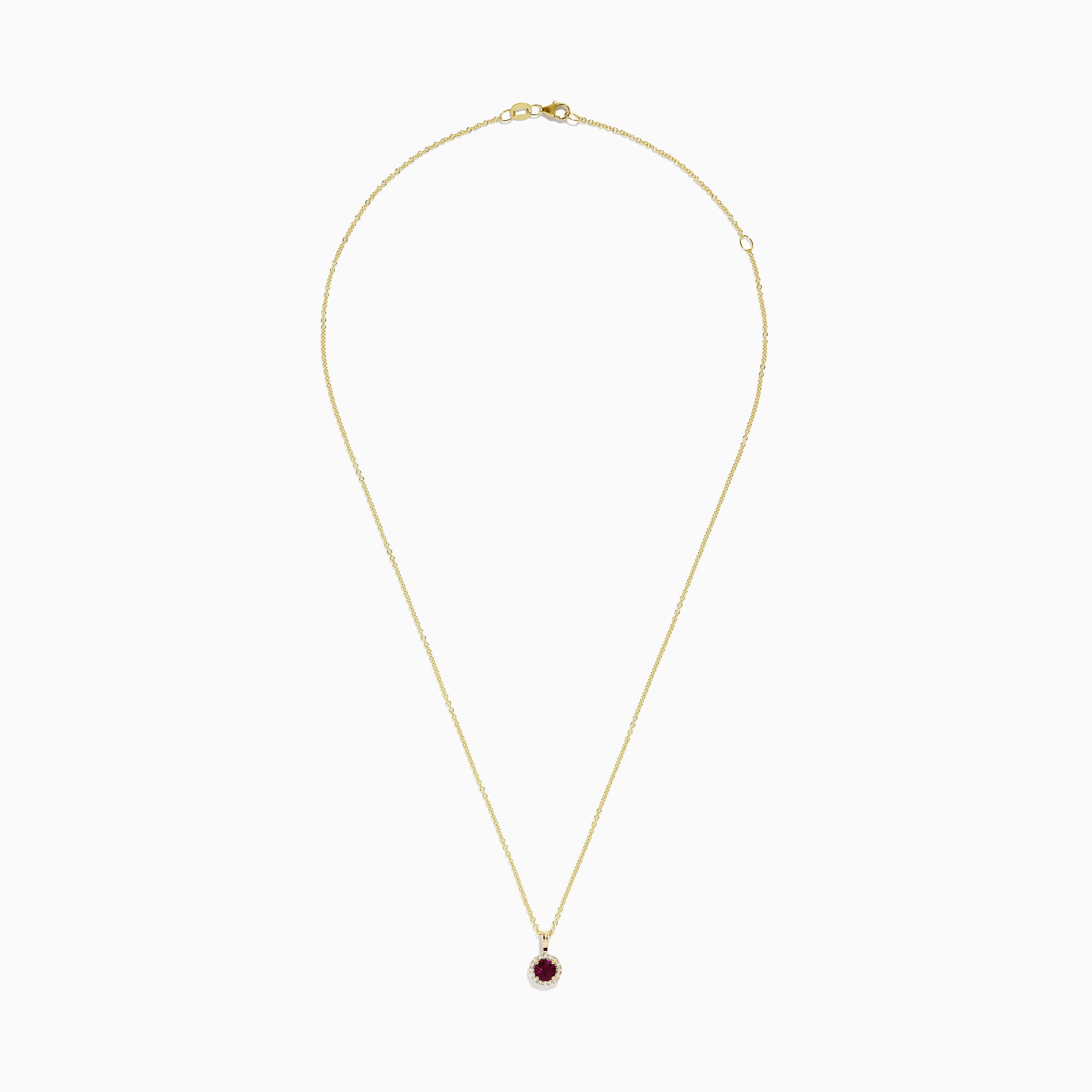 The Bordeaux 14K Yellow Gold Garnet and Diamond Pendant (0.61 TCW) showcases a round garnet center with a diamond halo, elegantly displayed on a plain white background.