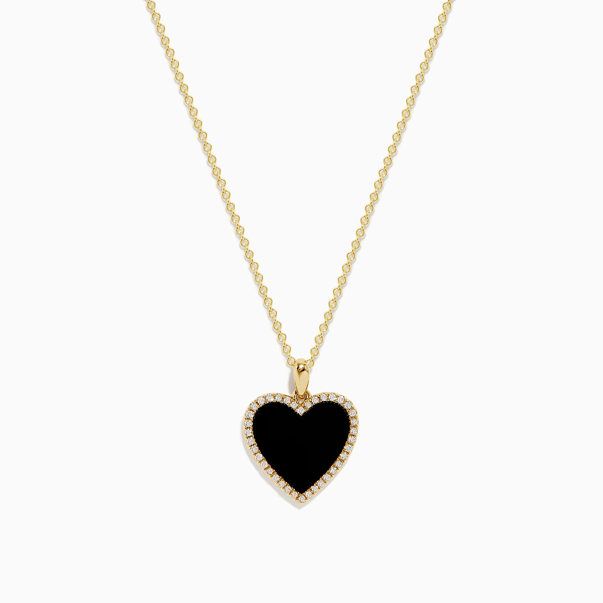 The 14K Yellow Gold Onyx and Diamond Heart Pendant features a heart-shaped onyx accented with sparkling diamonds, all set on a classic yellow gold chain for an elegant touch.