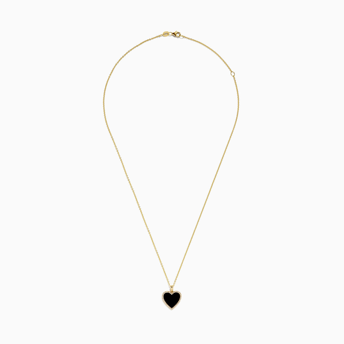 The 14K Yellow Gold Onyx and Diamond Heart Pendant features a heart-shaped onyx accented with sparkling diamonds, all set on a classic yellow gold chain for an elegant touch.