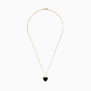 The 14K Yellow Gold Onyx and Diamond Heart Pendant features a heart-shaped onyx accented with sparkling diamonds, all set on a classic yellow gold chain for an elegant touch.