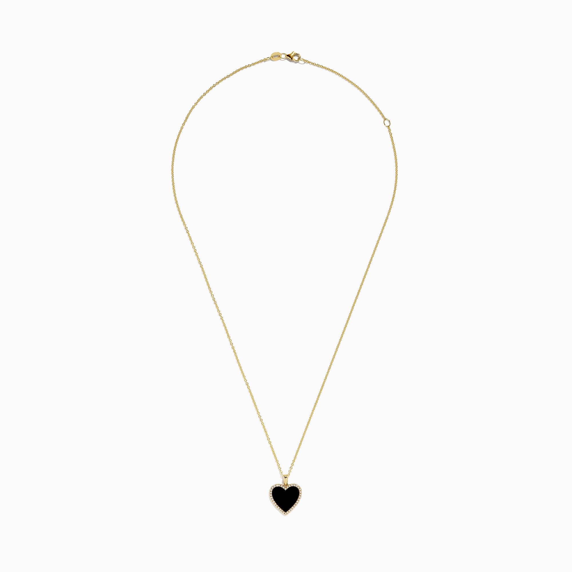 The 14K Yellow Gold Onyx and Diamond Heart Pendant features a heart-shaped onyx accented with sparkling diamonds, all set on a classic yellow gold chain for an elegant touch.