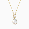 This 14K Yellow Gold Mother of Pearl and Diamond Pendant (0.08 TCW) features a delicate chain with double pendants—an oval and a teardrop—each inlaid with Mother of Pearl and bordered by sparkling diamonds for a luxe look.