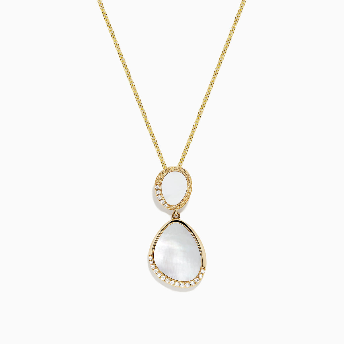 This 14K Yellow Gold Mother of Pearl and Diamond Pendant (0.08 TCW) features a delicate chain with double pendants—an oval and a teardrop—each inlaid with Mother of Pearl and bordered by sparkling diamonds for a luxe look.