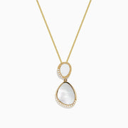 This 14K Yellow Gold Mother of Pearl and Diamond Pendant (0.08 TCW) features a delicate chain with double pendants—an oval and a teardrop—each inlaid with Mother of Pearl and bordered by sparkling diamonds for a luxe look.