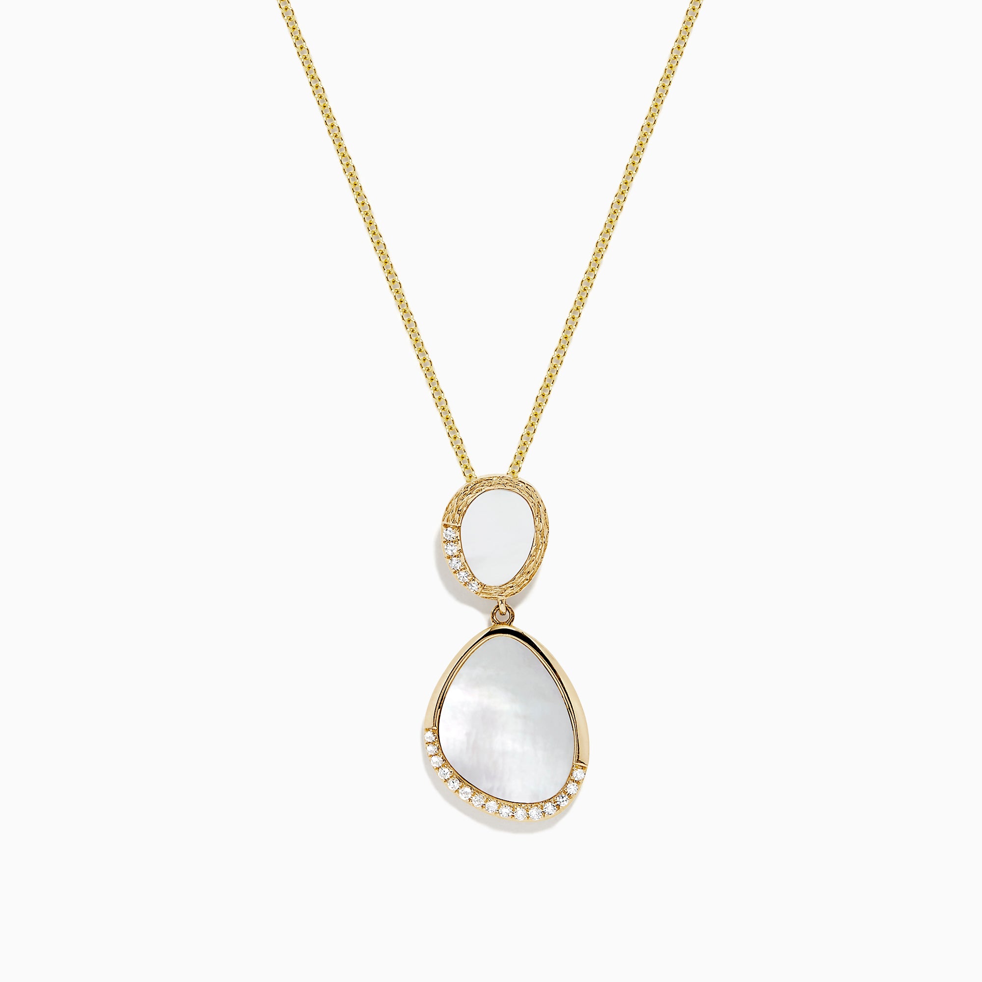 This 14K Yellow Gold Mother of Pearl and Diamond Pendant (0.08 TCW) features a delicate chain with double pendants—an oval and a teardrop—each inlaid with Mother of Pearl and bordered by sparkling diamonds for a luxe look.