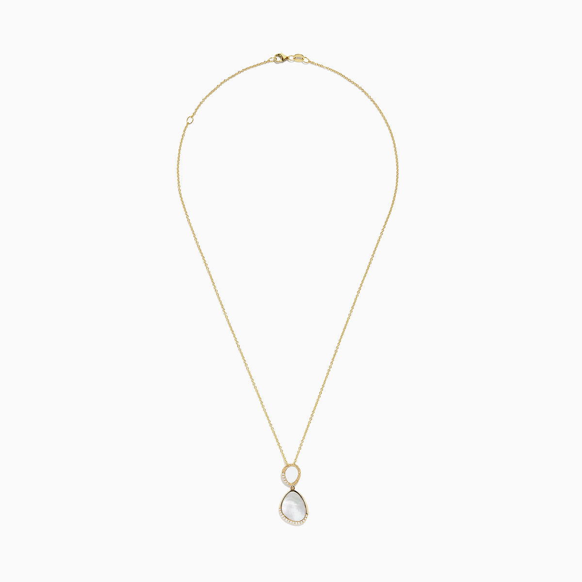 This 14K Yellow Gold Mother of Pearl and Diamond Pendant (0.08 TCW) features a delicate chain with double pendants—an oval and a teardrop—each inlaid with Mother of Pearl and bordered by sparkling diamonds for a luxe look.