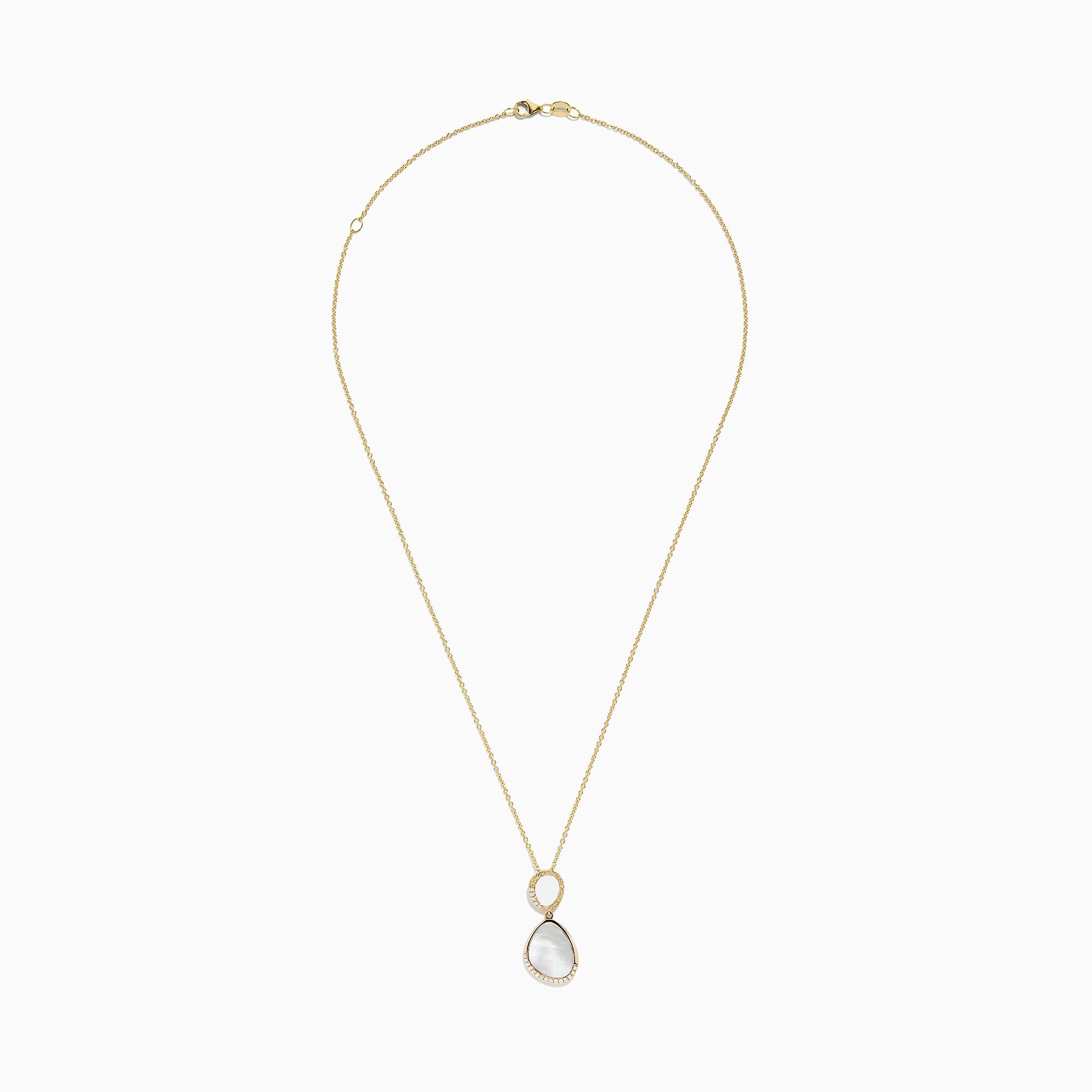 This 14K Yellow Gold Mother of Pearl and Diamond Pendant (0.08 TCW) features a delicate chain with double pendants—an oval and a teardrop—each inlaid with Mother of Pearl and bordered by sparkling diamonds for a luxe look.