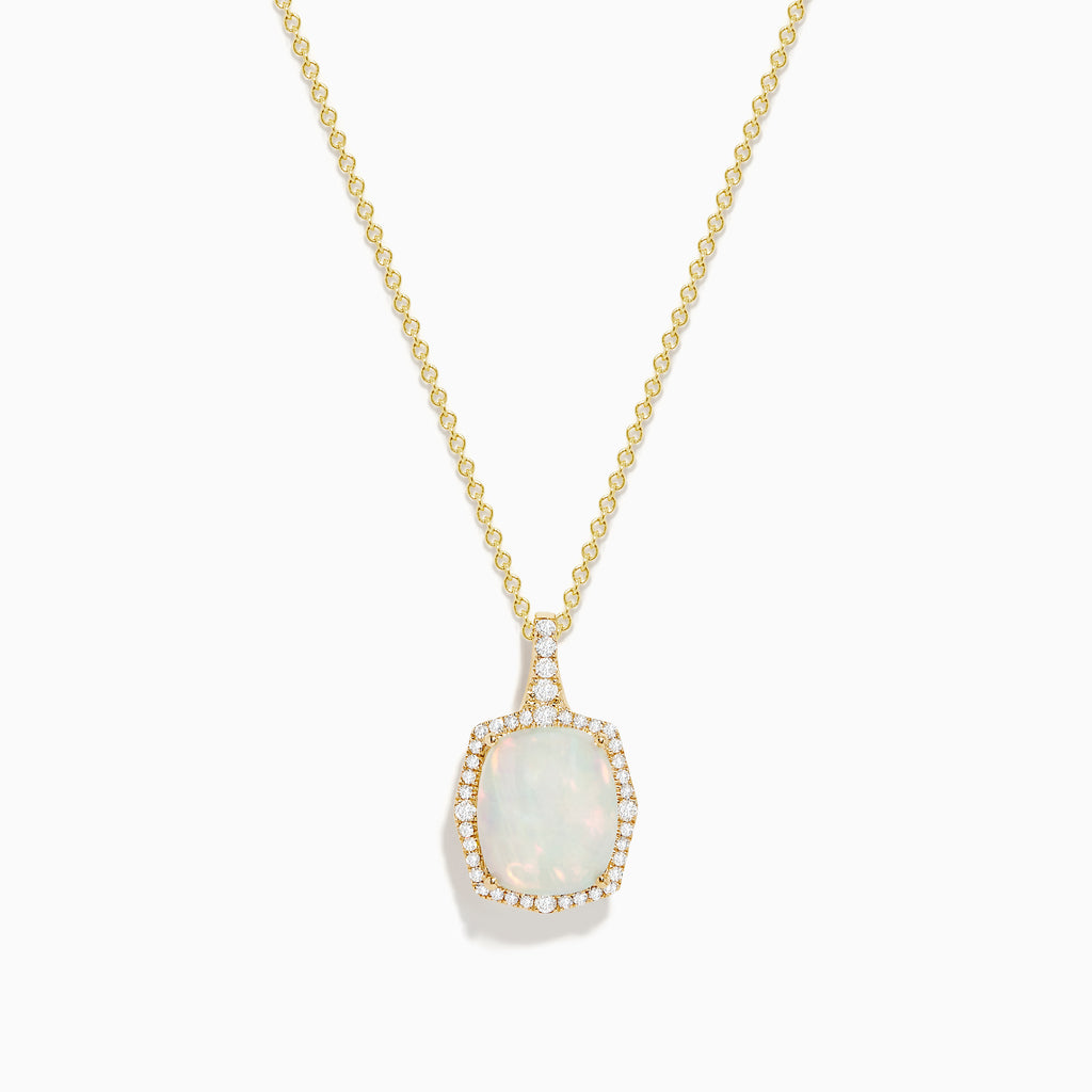 The Aurora 14K Yellow Gold Opal Pendant showcases a cushion-cut opal with a diamond halo and an extra row of diamonds on the bail, all beautifully crafted in yellow gold from the Effy Aurora collection.