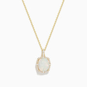 The Aurora 14K Yellow Gold Opal Pendant showcases a cushion-cut opal with a diamond halo and an extra row of diamonds on the bail, all beautifully crafted in yellow gold from the Effy Aurora collection.