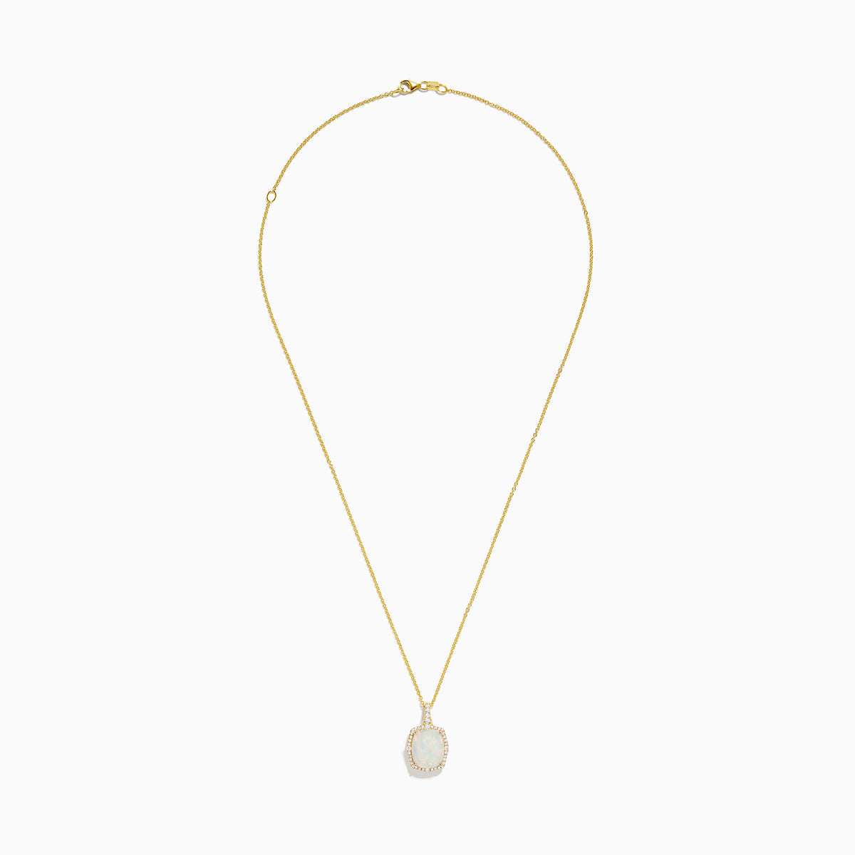 The Aurora 14K Yellow Gold Opal Pendant showcases a cushion-cut opal with a diamond halo and an extra row of diamonds on the bail, all beautifully crafted in yellow gold from the Effy Aurora collection.
