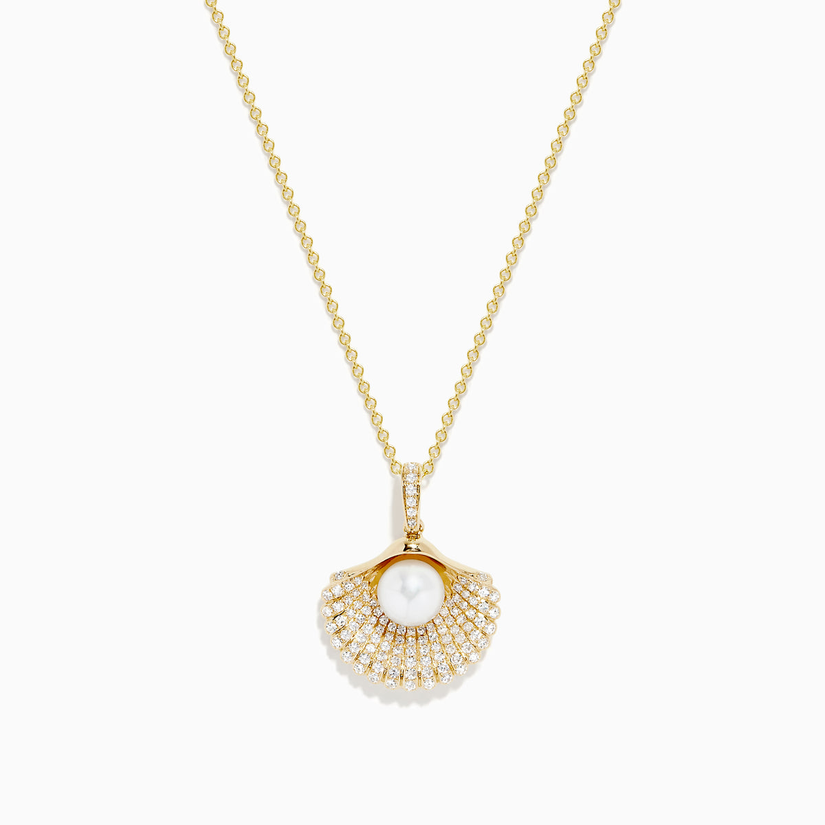 The 14K Yellow Gold Pearl and Diamond Shell Necklace features a pendant shaped like a fan with a central white pearl, surrounded by sparkling diamonds for timeless elegance.