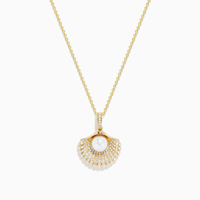 The 14K Yellow Gold Pearl and Diamond Shell Necklace features a pendant shaped like a fan with a central white pearl, surrounded by sparkling diamonds for timeless elegance.