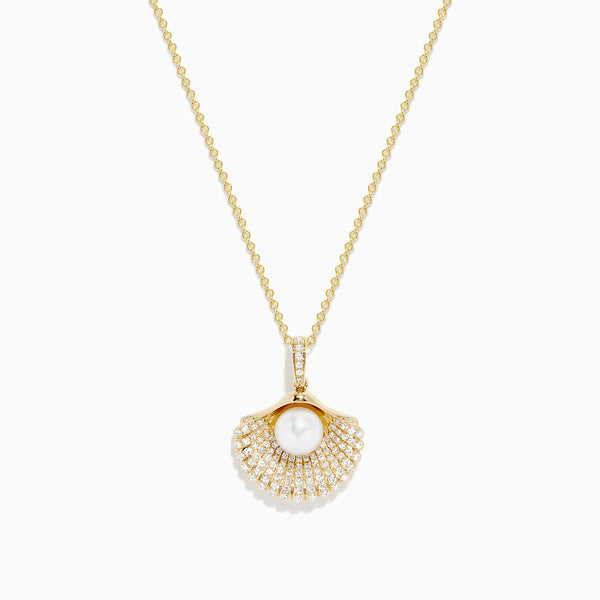 14K Yellow Gold Pearl and Diamond Shell Necklace