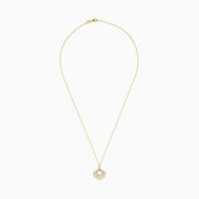 The 14K Yellow Gold Pearl and Diamond Shell Necklace features a pendant shaped like a fan with a central white pearl, surrounded by sparkling diamonds for timeless elegance.