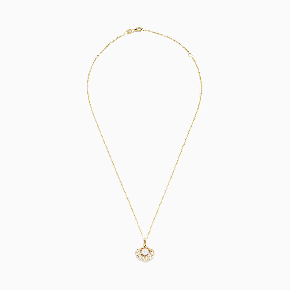 The 14K Yellow Gold Pearl and Diamond Shell Necklace features a pendant shaped like a fan with a central white pearl, surrounded by sparkling diamonds for timeless elegance.