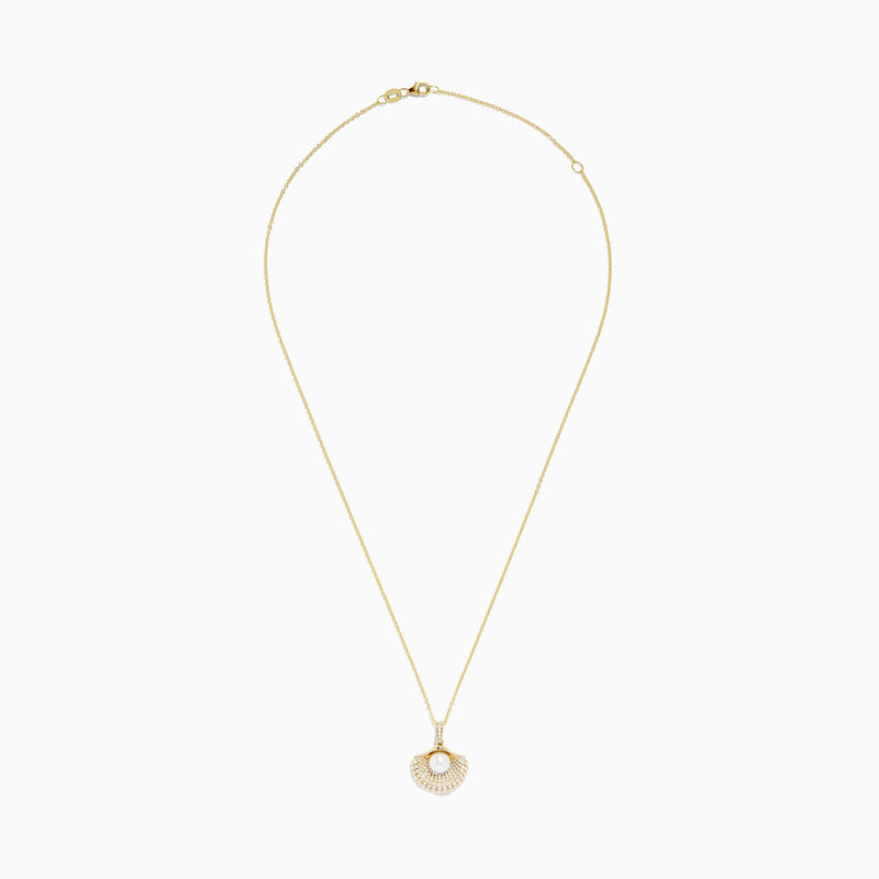 The 14K Yellow Gold Pearl and Diamond Shell Necklace features a pendant shaped like a fan with a central white pearl, surrounded by sparkling diamonds for timeless elegance.