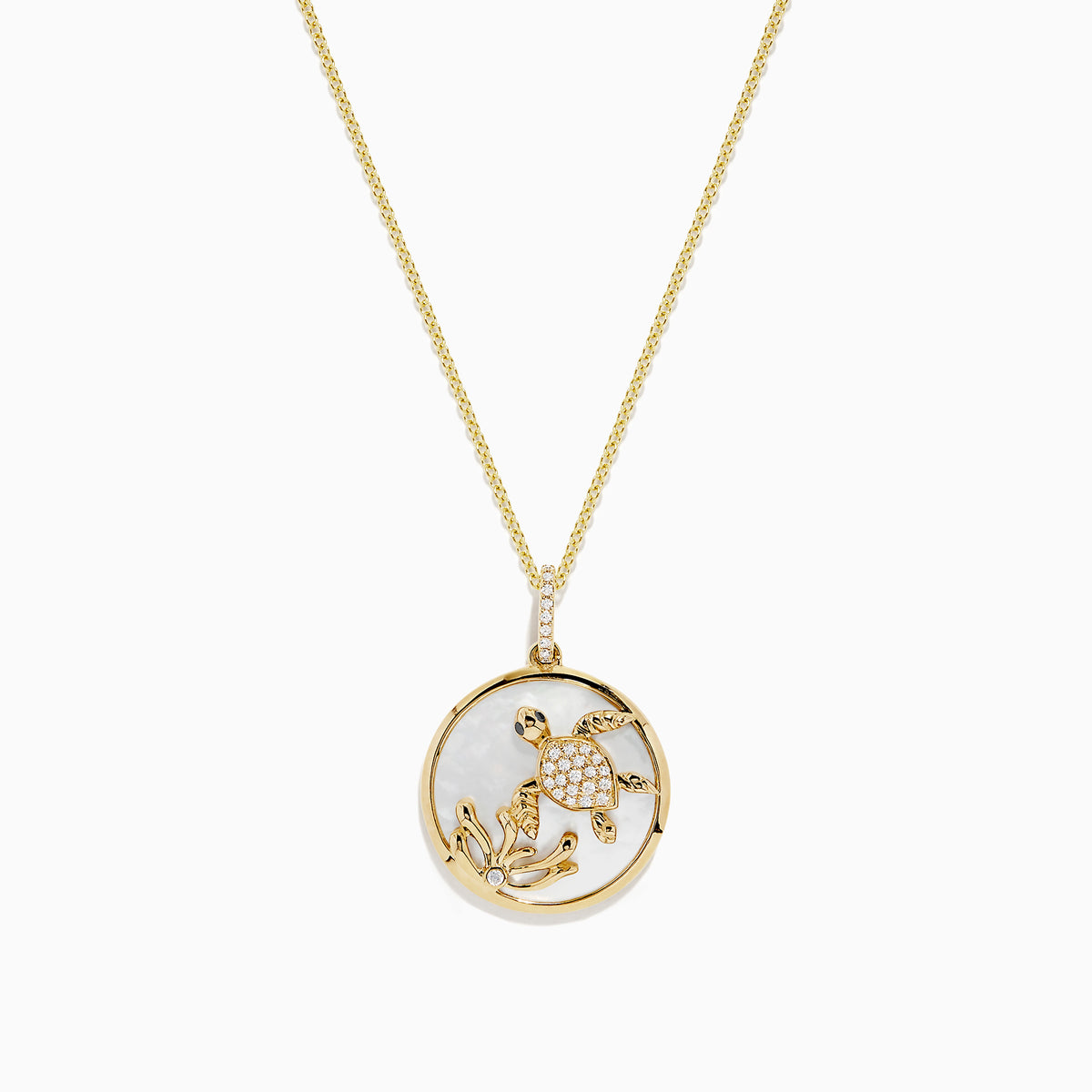 The 14K Yellow Gold Mother of Pearl and Diamond Turtle Pendant (0.13 TCW) features a circular turtle design accented with diamonds, shown against a white background.