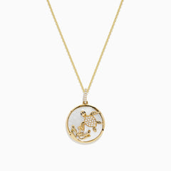 The 14K Yellow Gold Mother of Pearl and Diamond Turtle Pendant (0.13 TCW) features a circular turtle design accented with diamonds, shown against a white background.