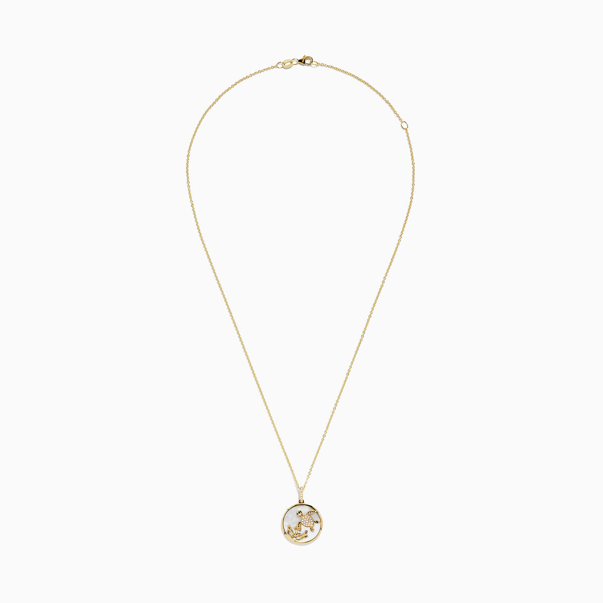 The 14K Yellow Gold Mother of Pearl and Diamond Turtle Pendant (0.13 TCW) features a circular turtle design accented with diamonds, shown against a white background.