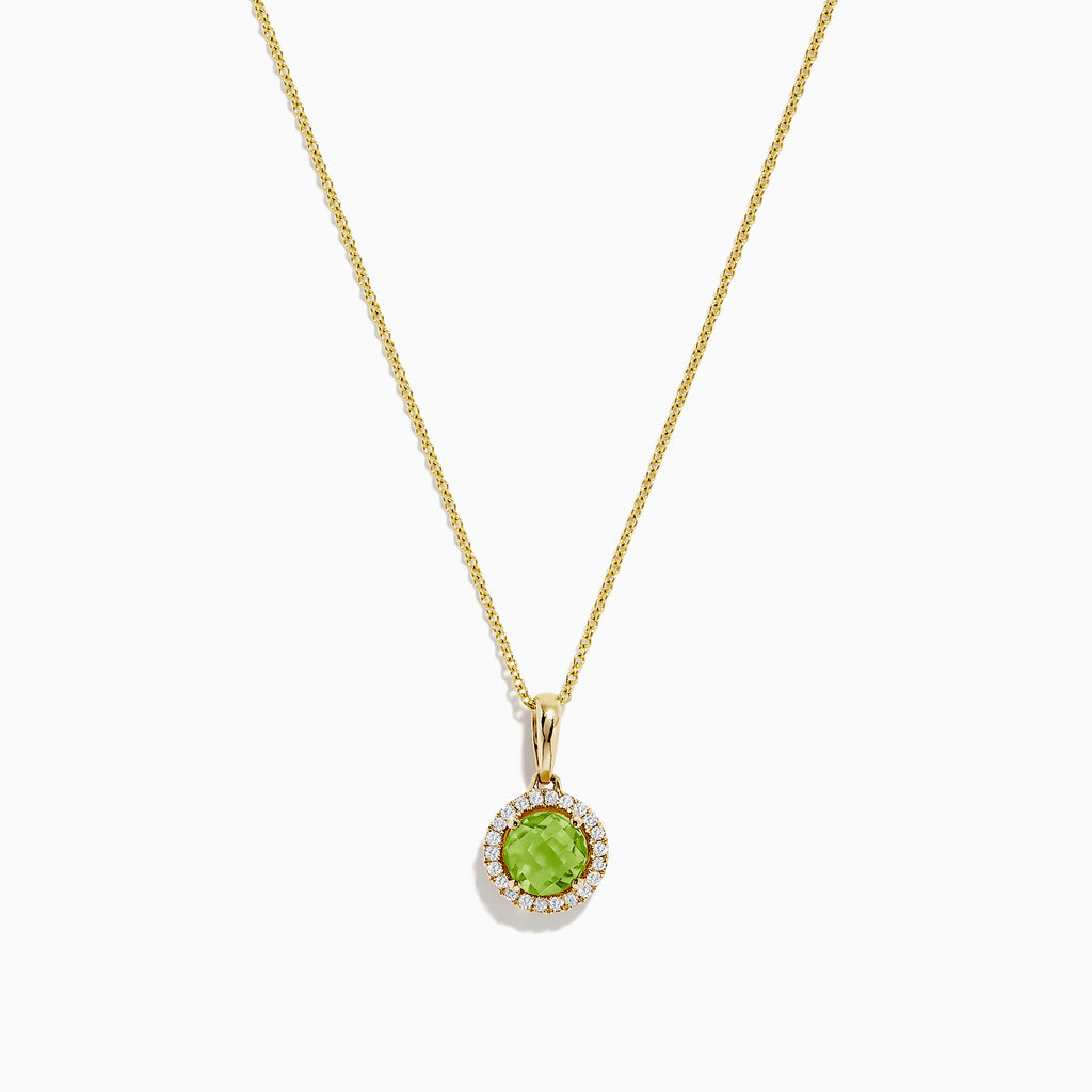A 14K yellow gold peridot and diamond pendant (1.10 TCW) with a round peridot center, surrounded by sparkling diamonds, shown on a white background.