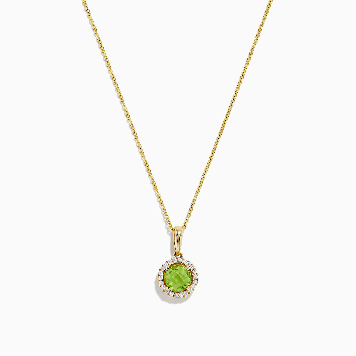A 14K yellow gold peridot and diamond pendant (1.10 TCW) with a round peridot center, surrounded by sparkling diamonds, shown on a white background.