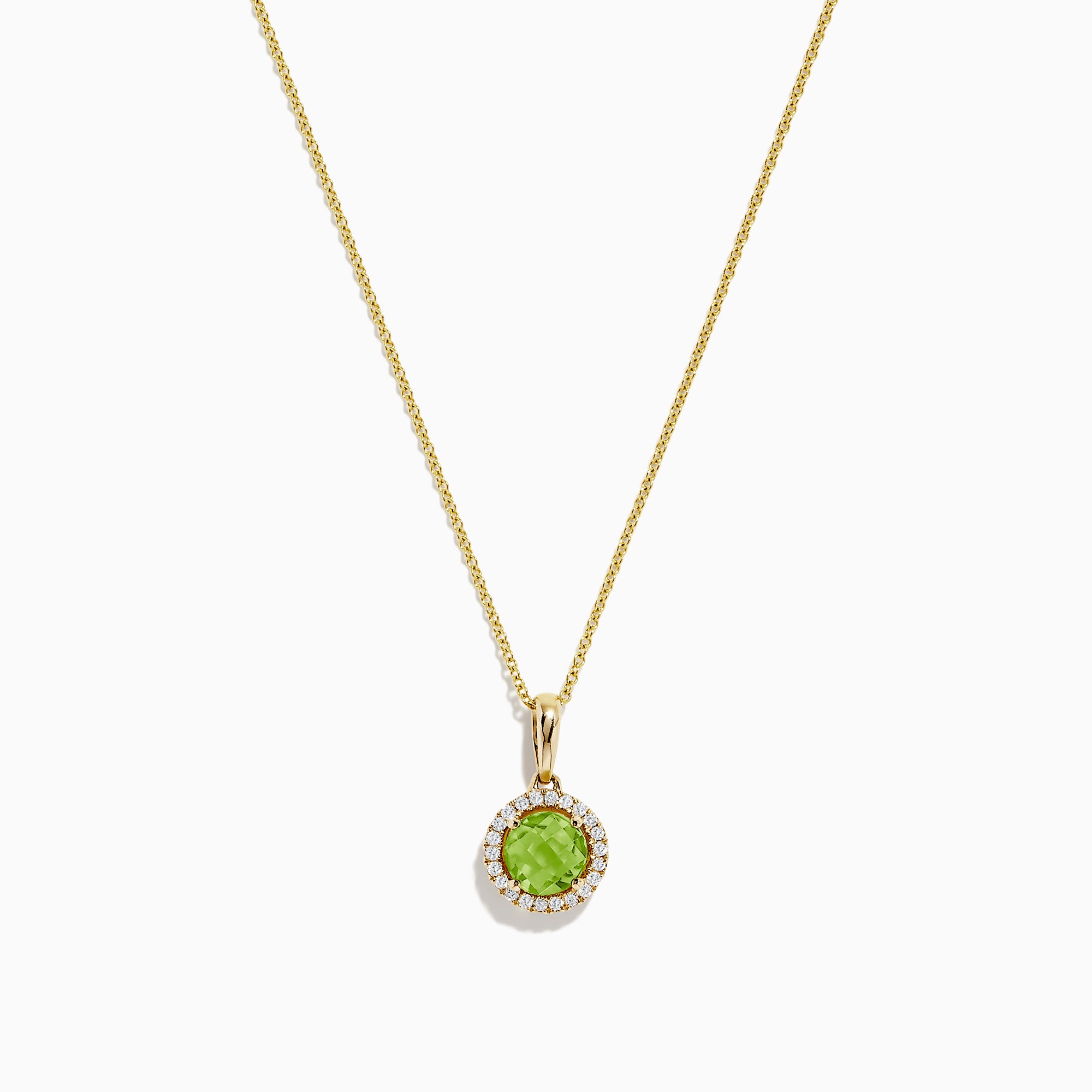 A 14K yellow gold peridot and diamond pendant (1.10 TCW) with a round peridot center, surrounded by sparkling diamonds, shown on a white background.